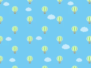 Papier Peint photo Montgolfière 空を飛ぶう飛ぶ黄緑色の気球の模様のかわいいベクター素材。旅行やレジャーの楽しいイメージの壁紙は、ビジネスやチラシの背景にも活躍できるデザイン