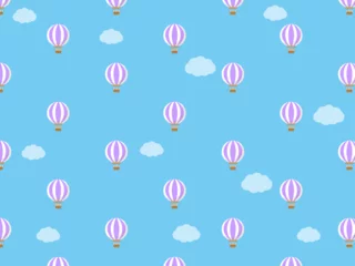 Papier Peint photo Montgolfière 空を飛ぶう飛ぶ紫色の気球の模様のかわいいベクター素材。旅行やレジャーの楽しいイメージの壁紙は、ビジネスやチラシの背景にも活躍できるデザイン