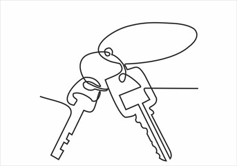 continuous line drawing of house keys, real estate concept, isolated on white background. vector