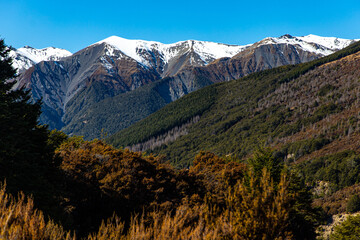 spring panorama of mountains in artur's pass national park, canterbury, new zealand; waimakariri...
