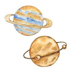 Watercolor planets set, space