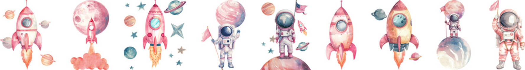 Set of watercolor of rocket in space with planet and astronaut for decoration.