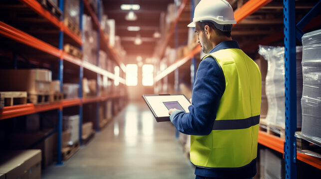 Male warehouse worker stands using laptop to check goods while working in warehouse, transportation industry concept. Logistics