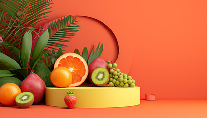 beauty show stage podium stand fashion luxury texture background mixed fruit banner mockup fruit wall wallpaper sale art cosmetics - obrazy, fototapety, plakaty
