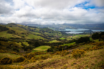 Fototapeta na wymiar unique, idyllic landscape of banks peninsula near christchurch in canterbury, new zealand; grass covered mountains surrounded with turquoise ocean