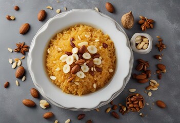 Fototapeta na wymiar view coconut grey rice background top almond isolated eid Jorda zarda food nuts sh served