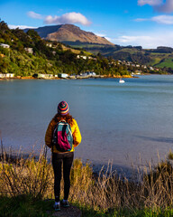 hiker girl admiring the idyllic scenery of lyttelton bay at coastal cliff walk from hays bay to...
