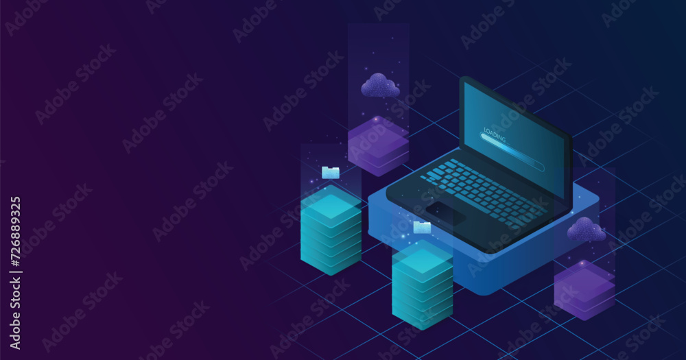 Poster Document management and Data transfer through cloud technology. Exchange data with modern internet technology on a dark blue background. Files data system relocation concept.	