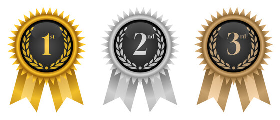 1st, 2nd and 3rd place champion pin badge vector. gold, silver and bronze