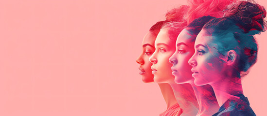 Women's Day banner with profiles of diverse women on a pastel pink background, suitable for 8 March celebrations and social campaigns. - obrazy, fototapety, plakaty
