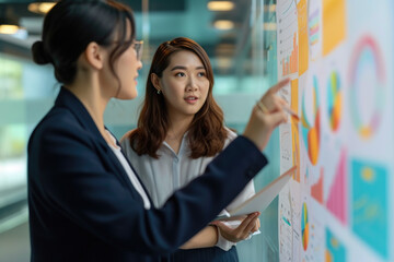 Asian woman working in office, looking to different charts with growing revenue in the future	