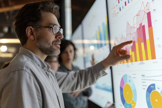 business people working in office, looking to different charts with growing revenue in the future