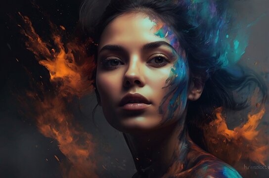 A captivating fantasy abstract portrait of a stunning woman in double exposure, complemented by a vibrant digital paint splash or space nebula.