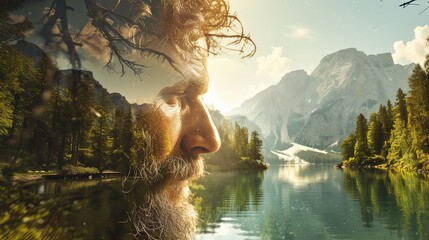 Double exposure combines a man's face, mountains, forest and a body of water. Panoramic view. The concept of the unity of nature and man. Dream, reminisce or plan a climb. A memory of a journey.