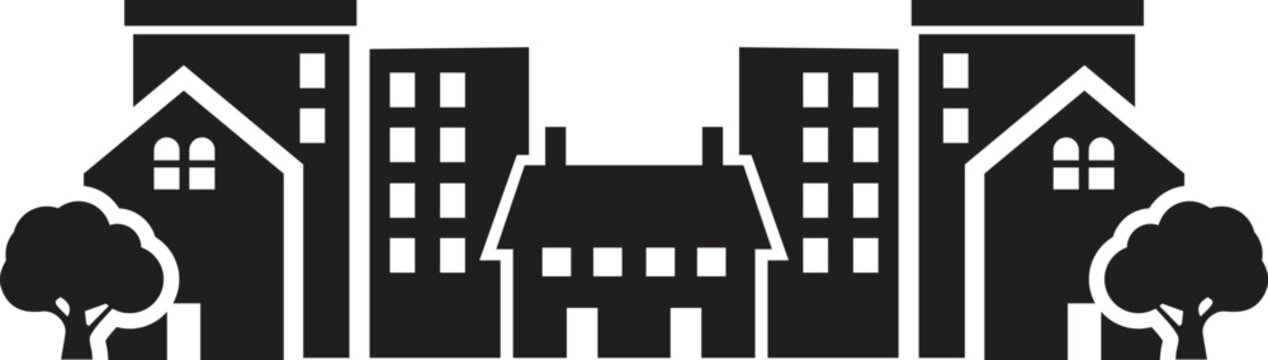 Town skyline silhouette. Small city houses, factory buildings, old church roofs, simple residental neighborhood vector flat scene