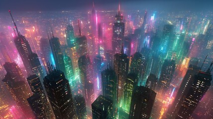 Vibrant Neon Skyscrapers in Nighttime Metropolis