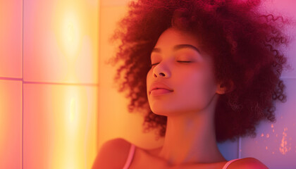 A beautiful young  woman sitting in an infrared therapy room surrounded by soft, warm light