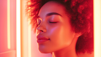 A beautiful young  woman sitting in an infrared therapy room surrounded by soft, warm light