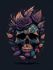 An eerie t-shirt design featuring a dead skull entangled with a splash of roses, all covered by autumn leaves for a hauntingly beautiful effect.