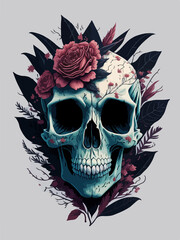 Stylish dead skull adorned with a rose splash, concealed by leaves in a trendy t-shirt design.