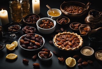 black pie out kitchen Ingredients dates laid Ramadan table