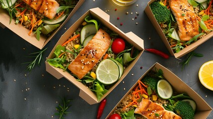 Restaurant healthy food delivery in take away boxes - 726891980