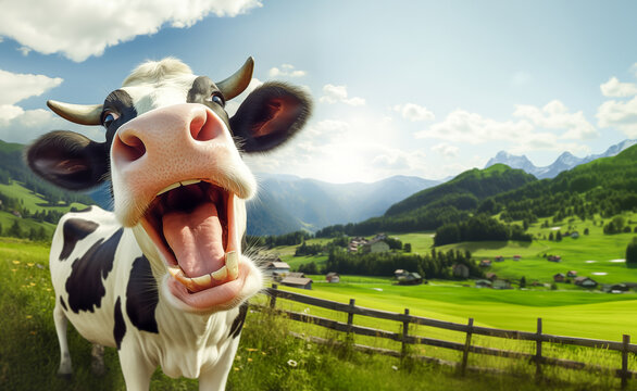 Funny cow in green field. Black and white Holstein cow background for dairy products, farming. Wide panorama banner with copy space for text by Vita