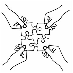 Continuous One line drawing of hands holding puzzle pieces and want to merge together. Father or mother and son teamwork - continuous line draw vector