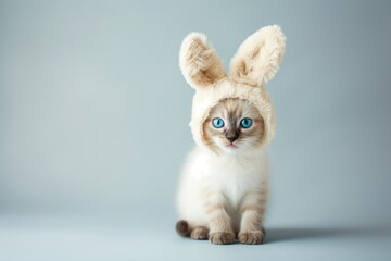 A cute cat, adorably dressed in a fluffy bunny ears hat, gazes upwards with big, soulful eyes against a soft grey background.