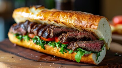 steak sandwich in a baguette, medium, juicy