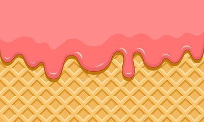 Dessert, pink cream, melted strawberries on waffle background, vector illustration.