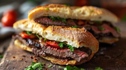 Zelfklevend Fotobehang steak sandwich in a baguette, medium, juicy © Jasenko