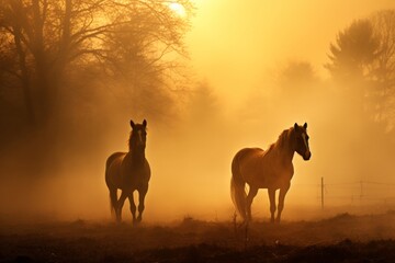 horses in fog, in the style of backlight