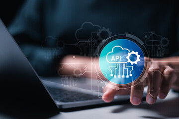 API, Application Programing Interface concept, Person use laptop with virtual  API icon for software development tool, information technology.