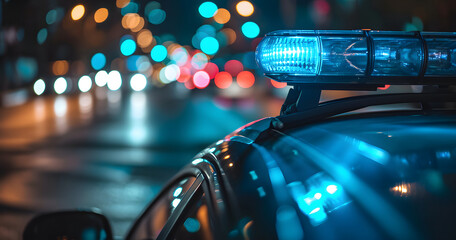police car lights at night in city street with selective focus and bokeh. - obrazy, fototapety, plakaty