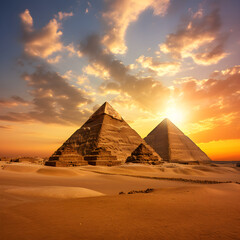 Glorious Egyptian Pyramids Against a Setting Sun: Timeless Architectural Marvels Witnessing Eons