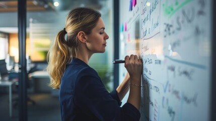 blond woman writing on the whiteboard,  - obrazy, fototapety, plakaty