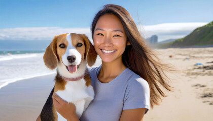 street snapshot of beautiful Asian girl with straight long hair and adorable beagle dog , 16:9 widescreen image