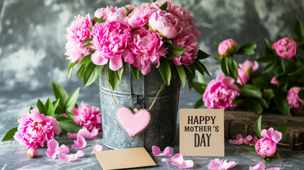 Rustic Pink Peonies for Mother's Day.
Vibrant pink peonies in a rustic pot with a Mother's Day sign.