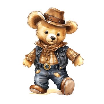 Teddy bear Cowboy. Watercolor. Clipart is a great choice for creating cards, invitations, party supplies and decorations. AI generated.