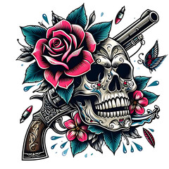 illustration skull hunter watercolor style tattoo