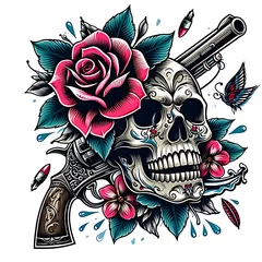 Poster de jardin Crâne aquarelle illustration skull hunter watercolor style tattoo