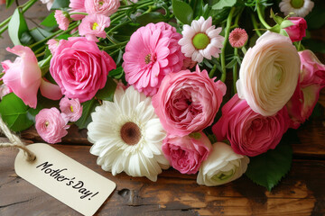 Mother's Day Floral Arrangement with Card.
Pink and white flowers with a 'Happy Mother's Day' card on a wooden table.