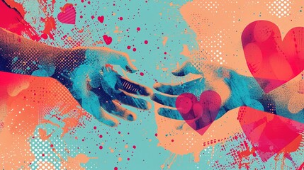 Halftone Valentines day collage covers set in contemporary mixed media style. Modern vector poster with dotted elements - hands and hearts. Concept of relationship, love, romance, valentine day - obrazy, fototapety, plakaty