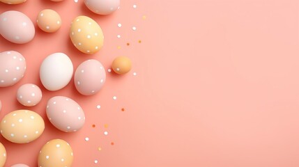 Pastel Easter eggs on a peach fuzz background, top view, place for text