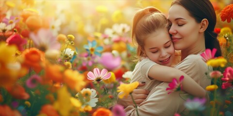 Fototapeta na wymiar Happy Mother and Daughter Enjoying Quality Time Together. Joyful Mom Embracing Her Daughter Surrounded by Flowers. Heartwarming and Emotionally Resonant for Mother's Day