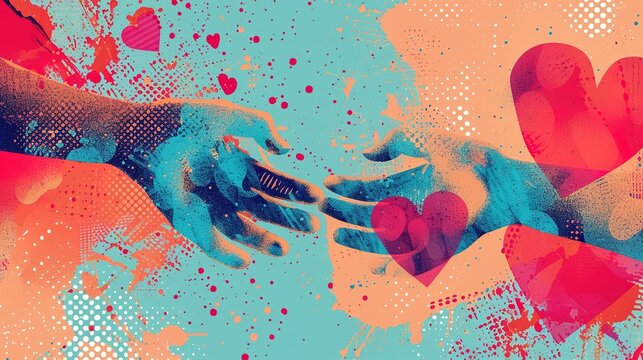 Halftone Valentines day collage covers set in contemporary mixed media style. Modern vector poster with dotted elements - hands and hearts. Concept of relationship, love, romance, valentine day