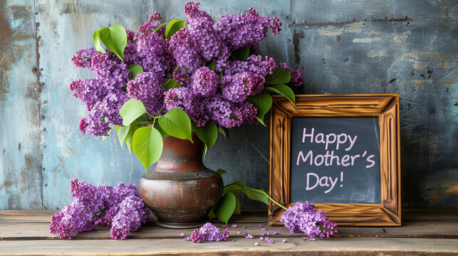 Mother's Day Celebration with Lilac Flowers.
Rustic vase of purple lilacs and a 'Happy Mother's Day' chalkboard sign.