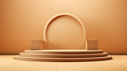 Wooden podium on a beige background for demonstration and advertising of cosmetic products, creams, shampoos