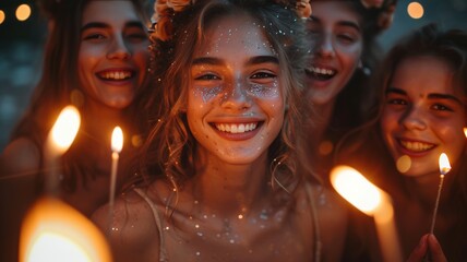 young woman celebrating her birthday with her friends - obrazy, fototapety, plakaty